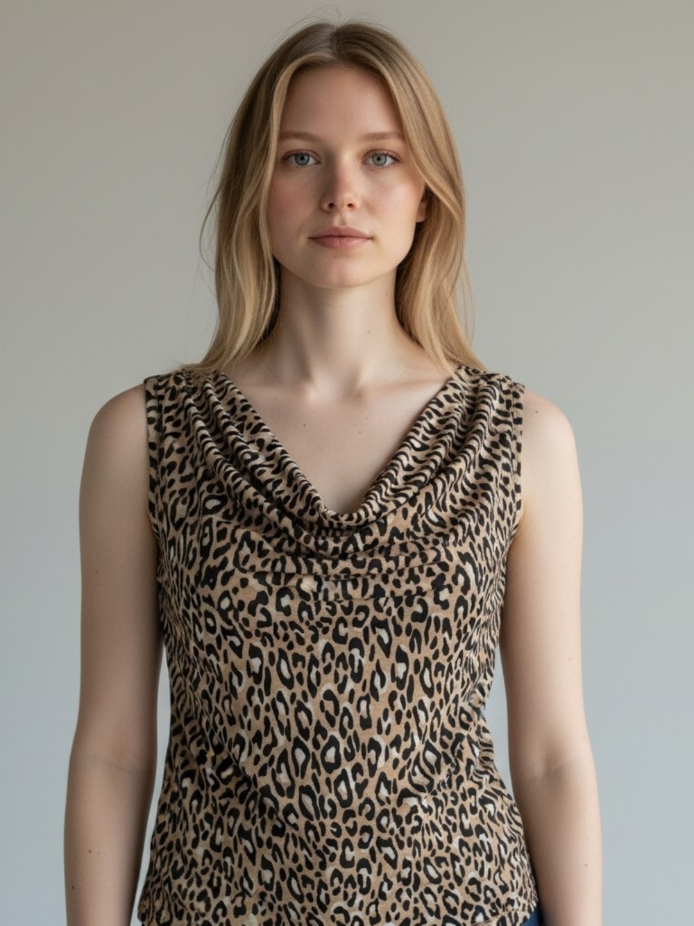 212 Collection Leopard Print Cowl Neck Sleeveless Blouse M